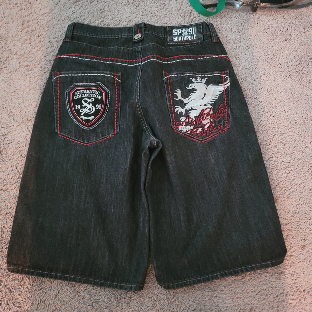 South Pole Black Jean Shorts with Red Accents